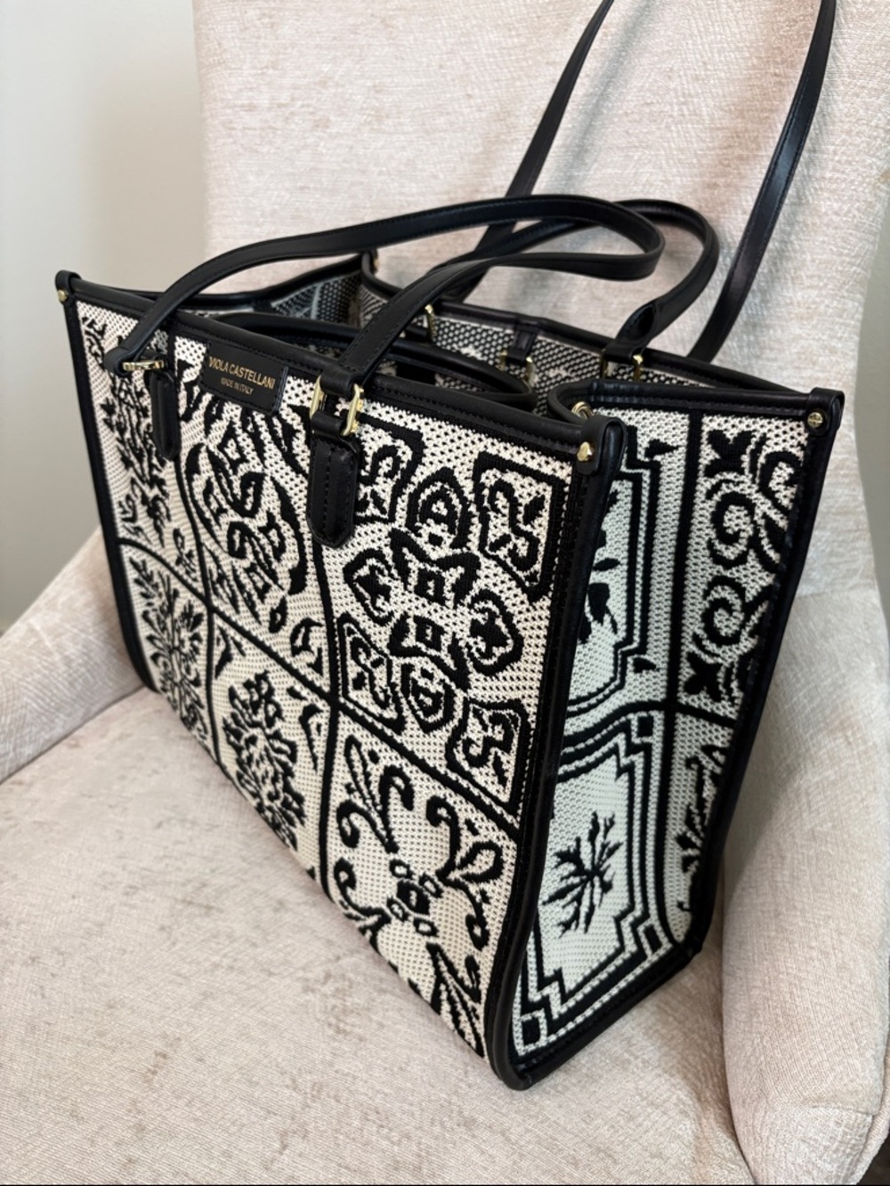 Viola Castellani leather crochet tote black/beige Made in Italy New - Picture 4 of 10